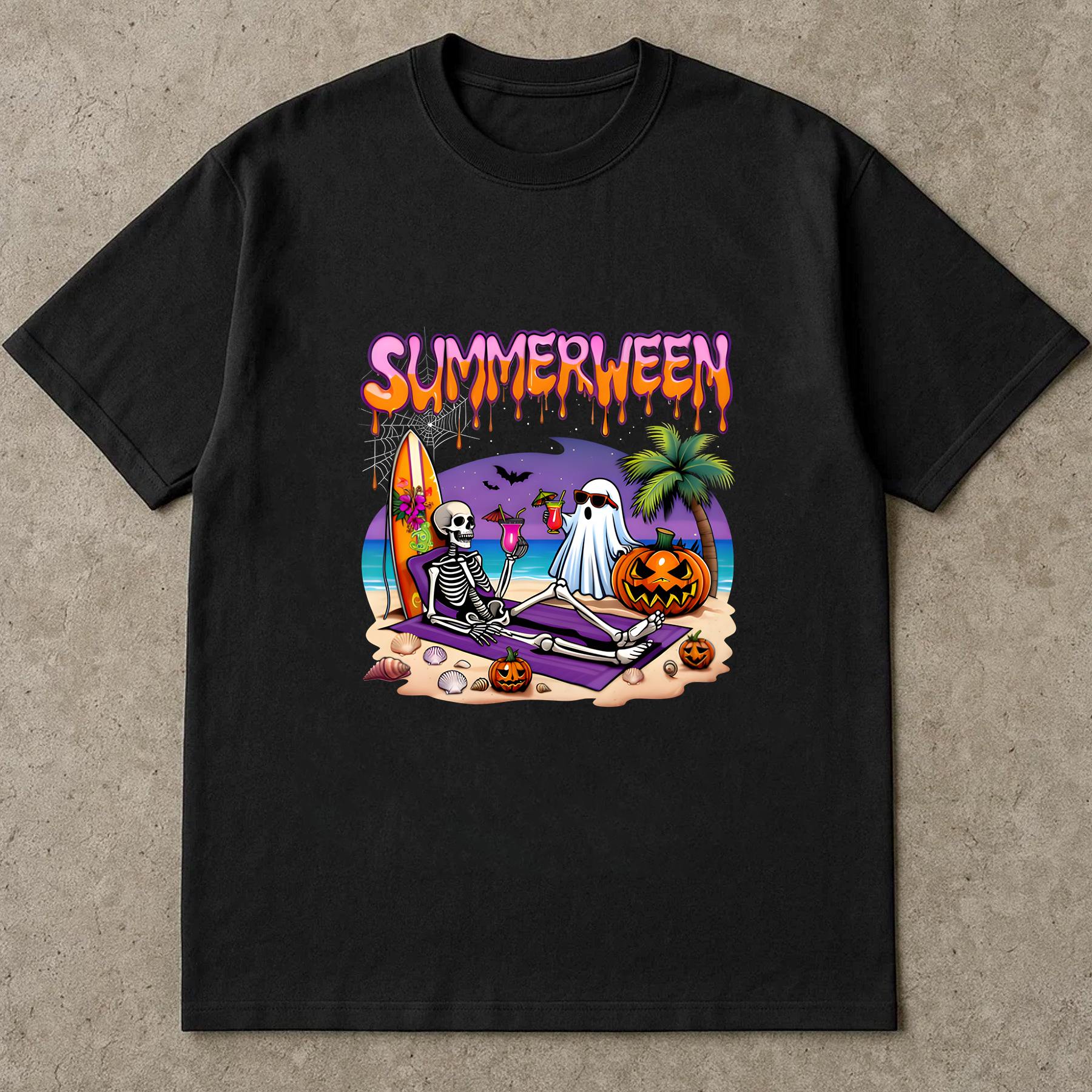Summerween Skeleton Ghost Beach Funny Spooky Halloween T-Shirt