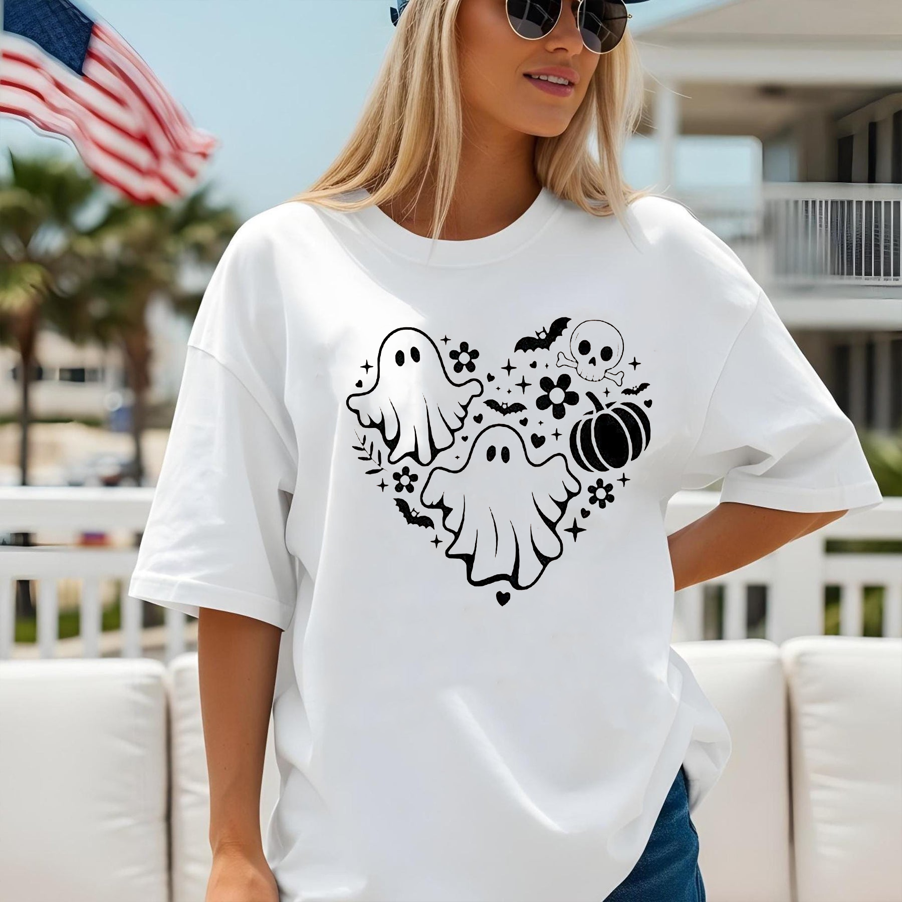 Minimalist Ghost Halloween Shirt, Cute Black and White Ghost Heart Tee, Aesthetic Spooky Season Shirt, Simple Halloween T-Shirt