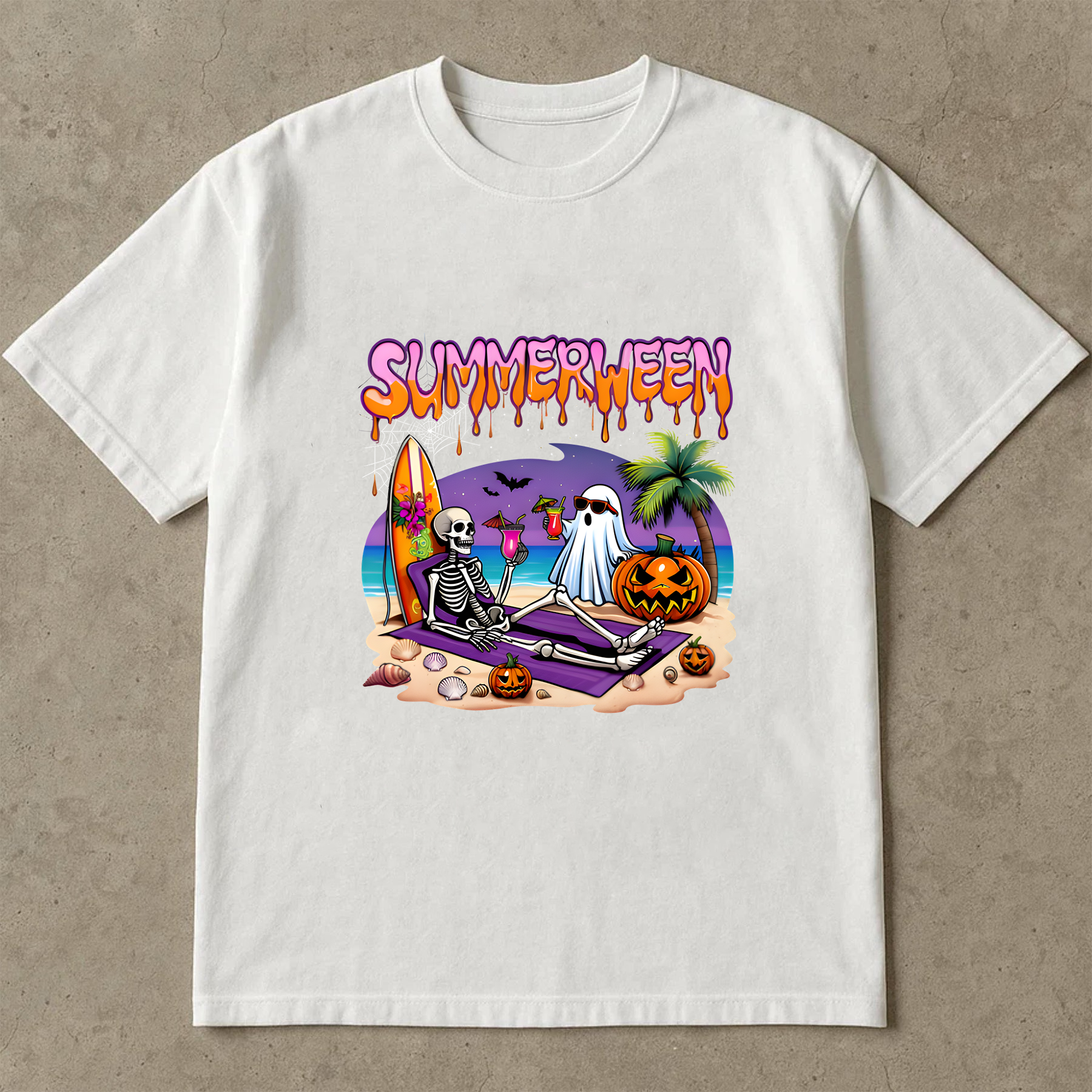 Summerween Skeleton Ghost Beach Funny Spooky Halloween T-Shirt