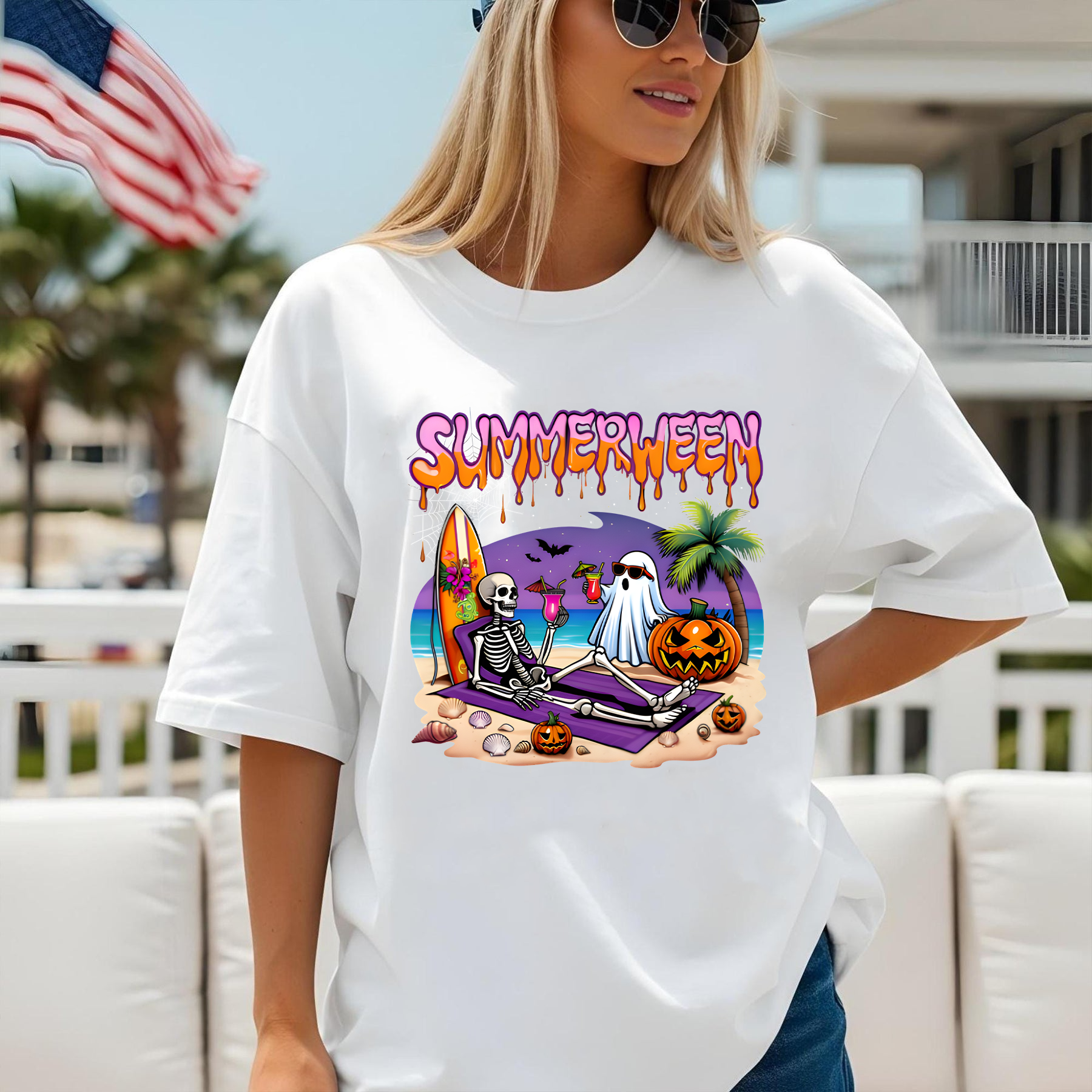 Summerween Skeleton Ghost Beach Funny Spooky Halloween T-Shirt