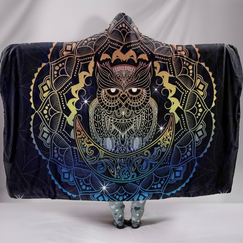 Mandala Owl Hooded Blanket – Soft Plush Fleece Throw with Mystical Owl & Moon Design, Cozy Wearable Blanket for Adults & Kids, Boho Style Gift