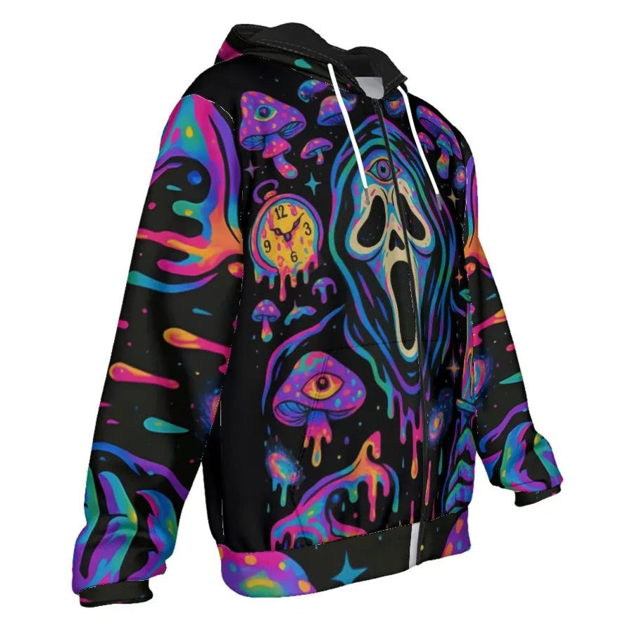 Psychedelic Halloween Mushrooms Zip Hoodie, Neon Trippy Mushroom Jacket, Spooky Halloween Outerwear, Horror Streetwear