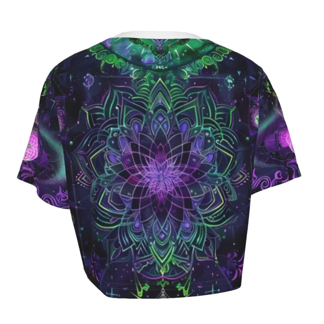 Women’s Mystic Aesthetic Crop Top, Psychedelic Print, Festival Outfit, Boho Style, Vibrant Colors, Yoga Top, Summer Fashion