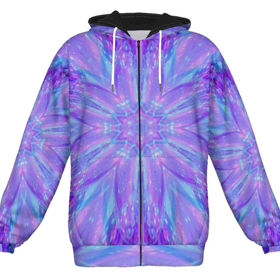 Kaleio Galaxy Zip Hoodie, Trippy Psychedelic Full-Zip Sweatshirt, Holographic Mandala Jacket, Cosmic Festival Streetwear