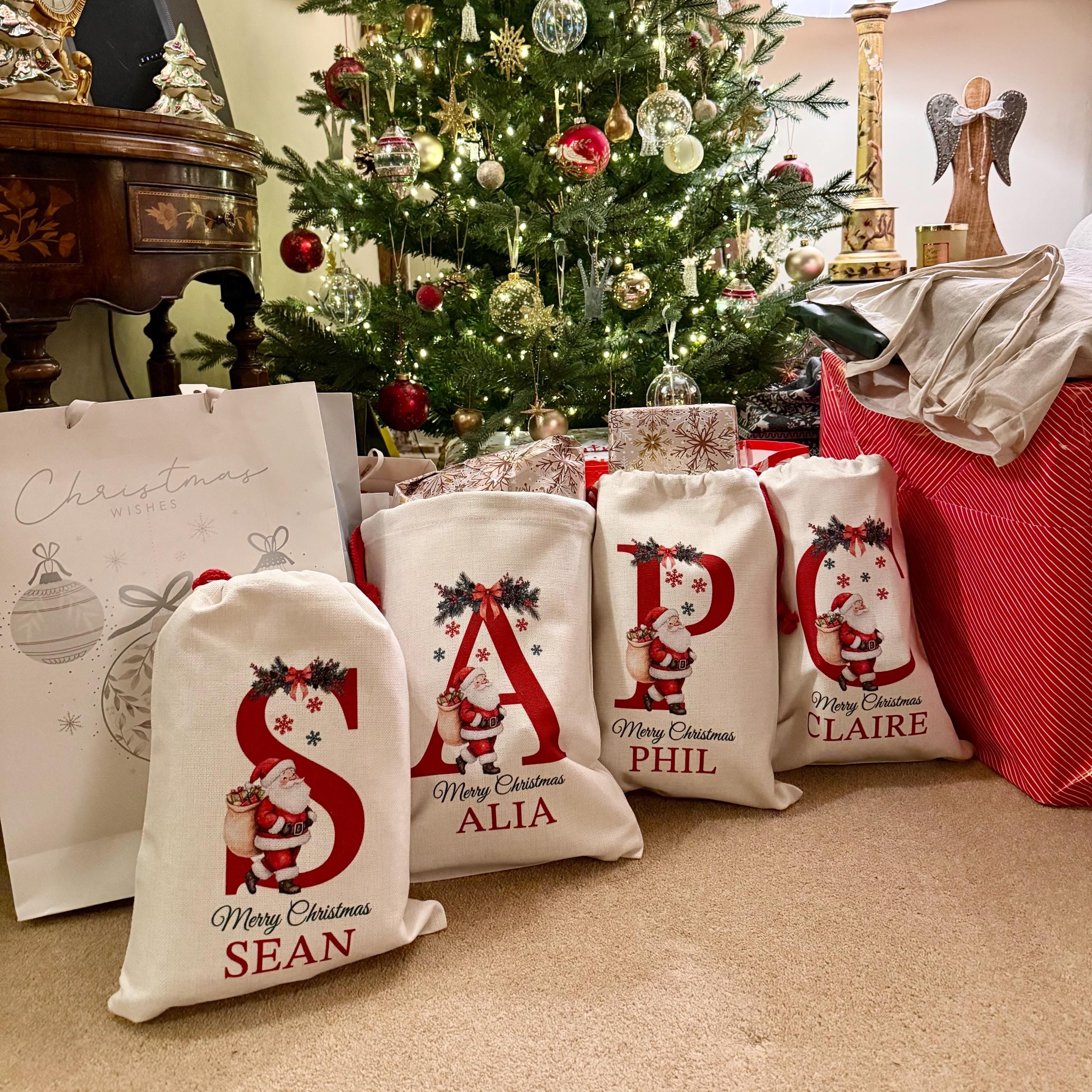 Personalized Christmas Santa Sack, Custom Canvas Personalized Christmas Present Gift Bag for Him Her Kids Adults, Add Name Initial Xmas Stocking