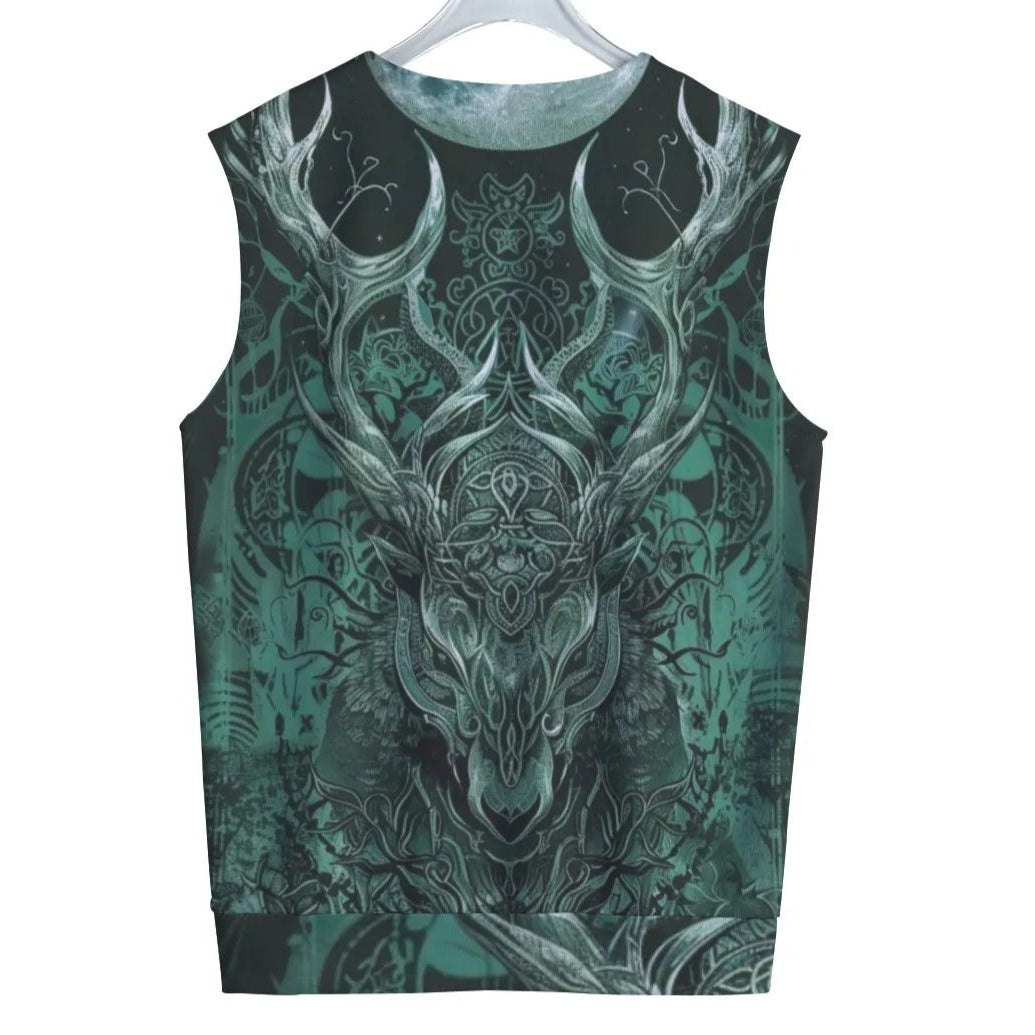 Viking Tank Top with Antler Design, Norse Mythology Inspired Sleeveless Shirt, Tribal Graphic Festival Wear, Medieval Fantasy Clothing