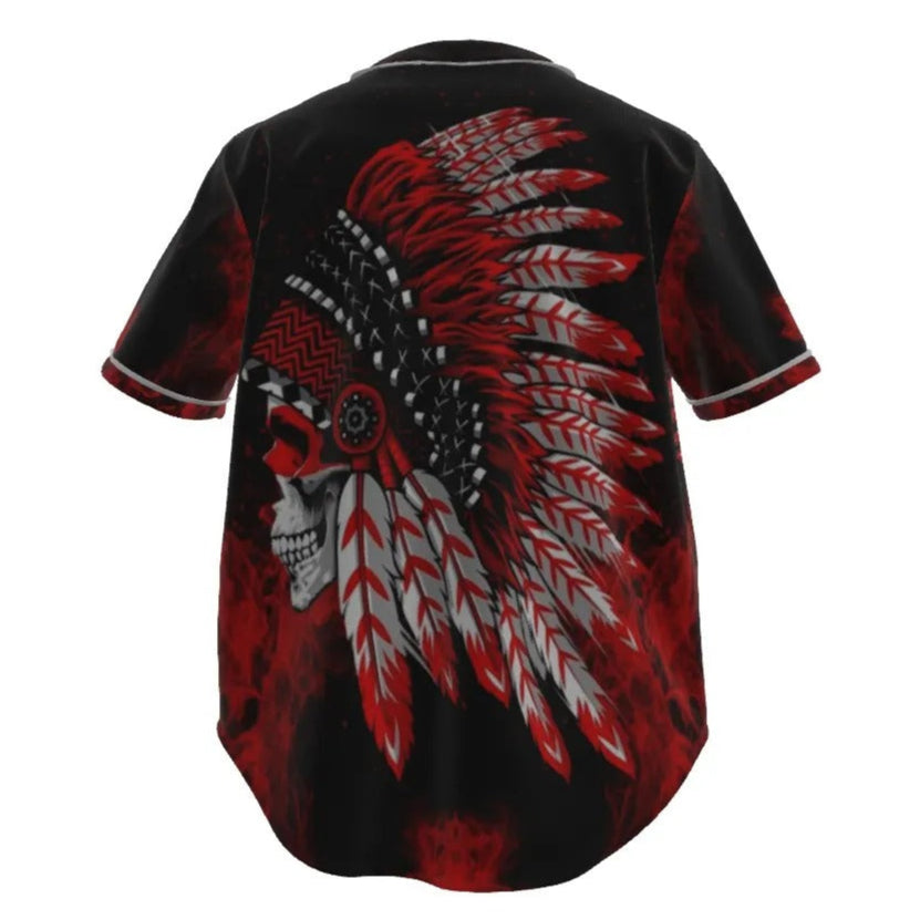 Native American Skull Baseball Shirt, Red Feather Headdress Jersey, Tribal Gothic Sportswear, Red Smoke Graphic Top, Warrior Biker Style
