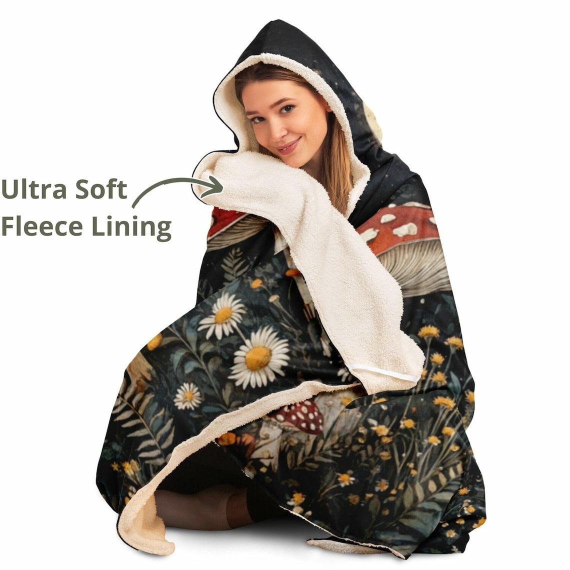 Mushroom Hooded Blanket, Enchanted Forest Fungi Design, Cozy and Soft Throw Blanket, Perfect Gift for Nature and Fantasy Lovers. BLKAC62