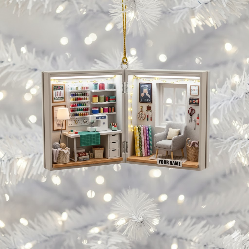 Personalized Sewing Room Ornament, Custom Name Flat 2D Christmas Decoration, Gift for Seamstress and Crafter