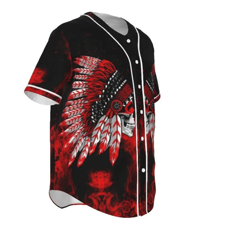 Native American Skull Baseball Shirt, Red Feather Headdress Jersey, Tribal Gothic Sportswear, Red Smoke Graphic Top, Warrior Biker Style
