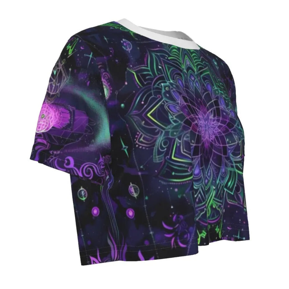 Women’s Mystic Aesthetic Crop Top, Psychedelic Print, Festival Outfit, Boho Style, Vibrant Colors, Yoga Top, Summer Fashion