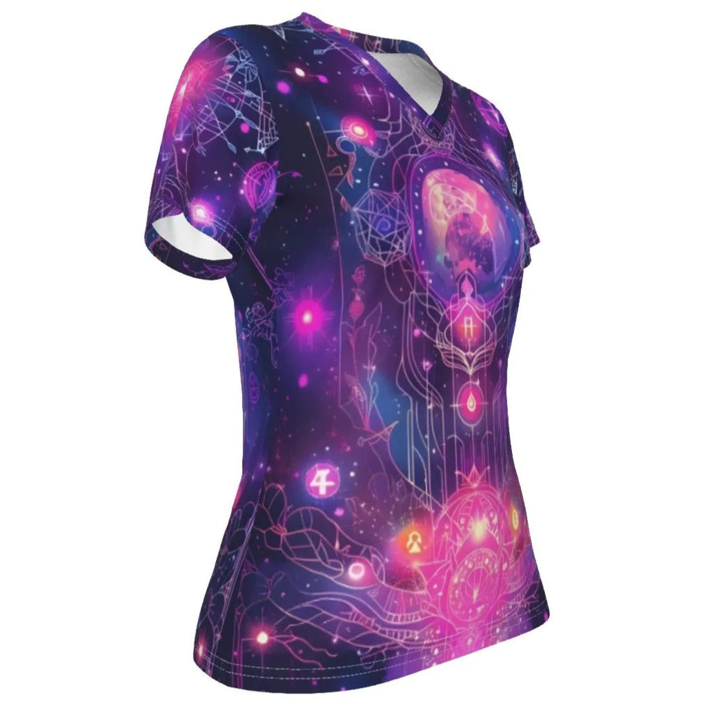 Mystical Cosmic V-Neck T-Shirt, Women’s Galaxy Symbol Shirt with Sacred Geometry Art, Women's Fit, V-neck Shirt, Shortsleeve