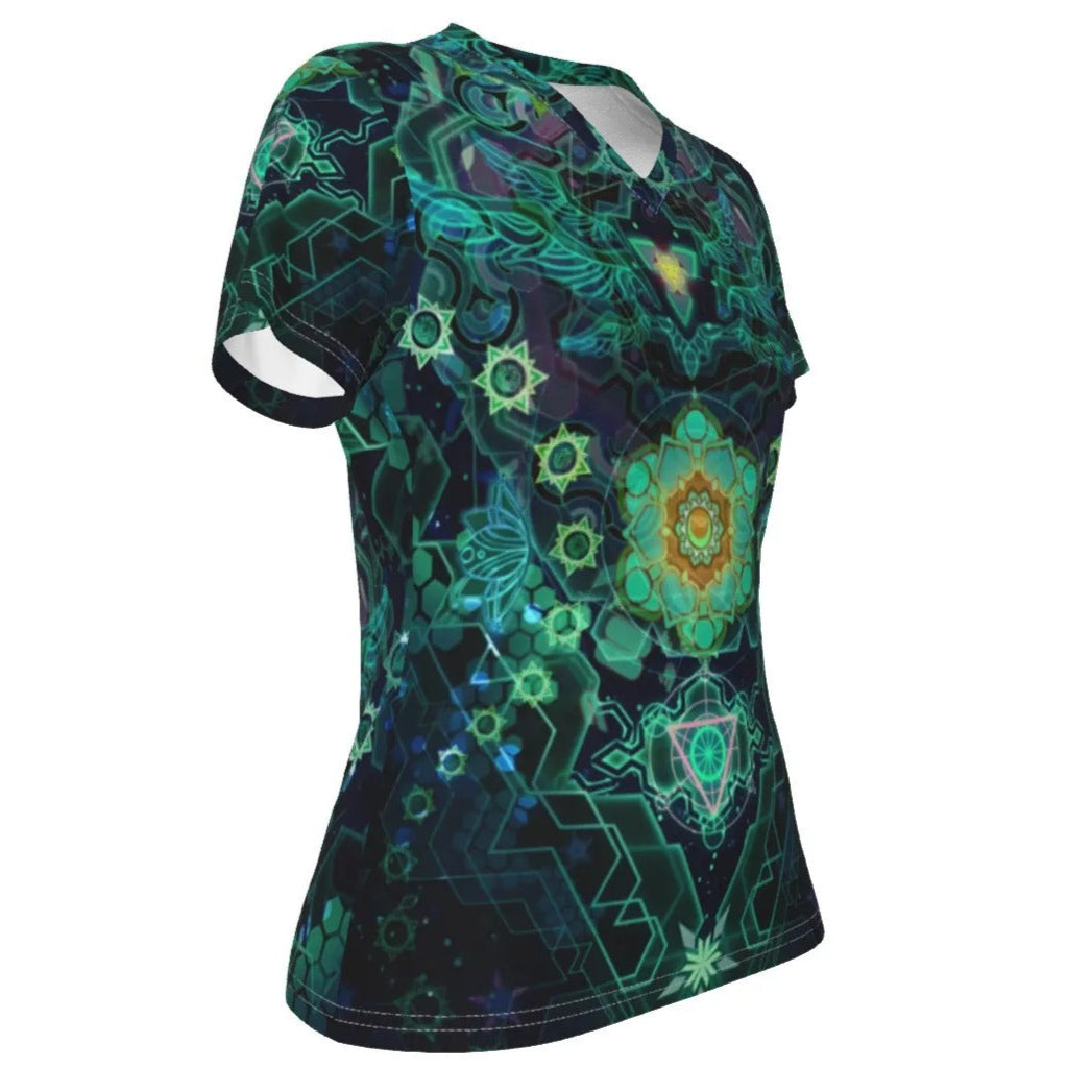 Yantric Geometry V-Neck T-Shirt, Women’s Tee with Spiritual Energy Pattern and Meditation Vibes, Women's Fit, V-neck Shirt, Shortsleeve