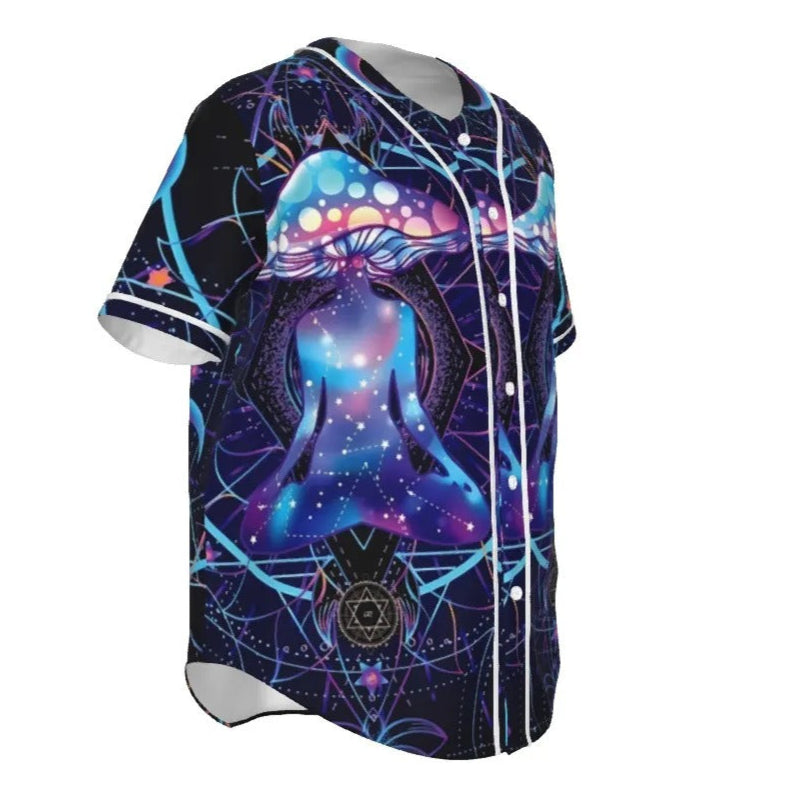 Mystic Mushroom Awakening Baseball Shirt, Psychedelic Spiritual Jersey, Cosmic Mushroom Raglan Top, Visionary Art Festival Wear, Boho Mystic Style