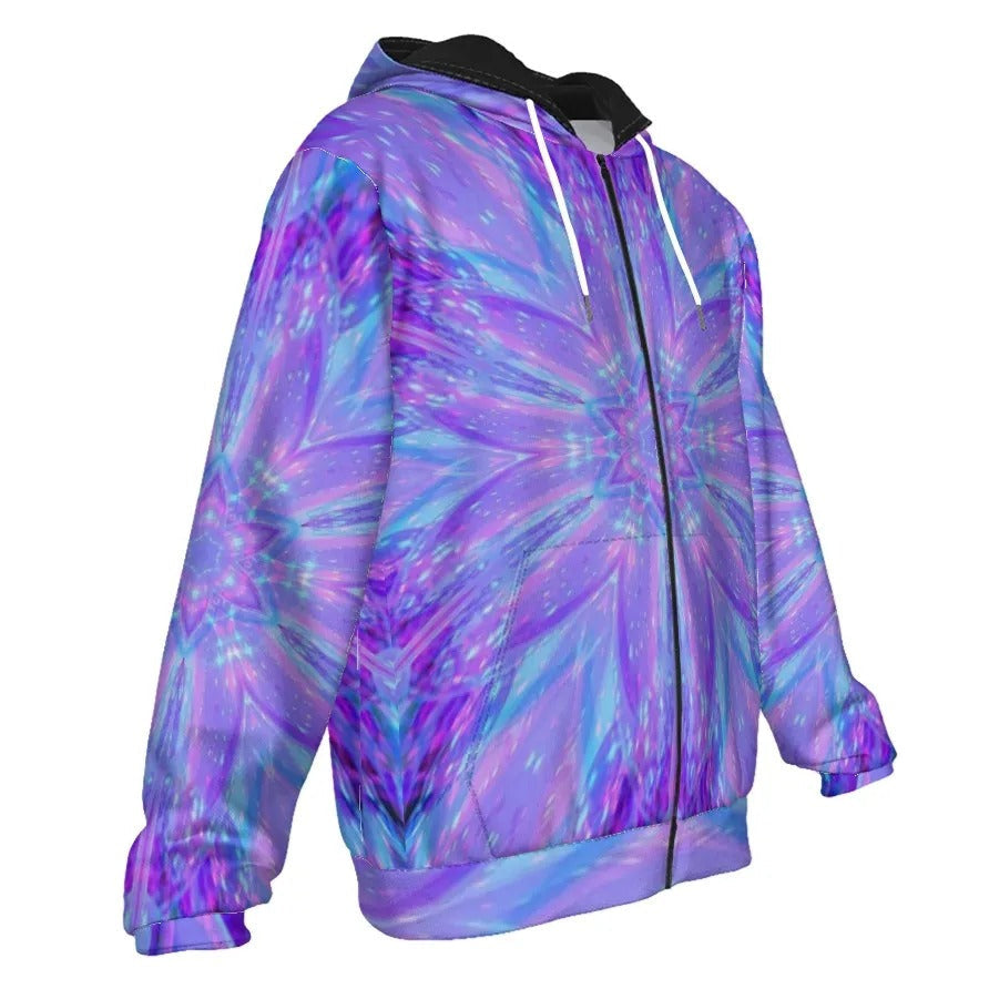 Kaleio Galaxy Zip Hoodie, Trippy Psychedelic Full-Zip Sweatshirt, Holographic Mandala Jacket, Cosmic Festival Streetwear