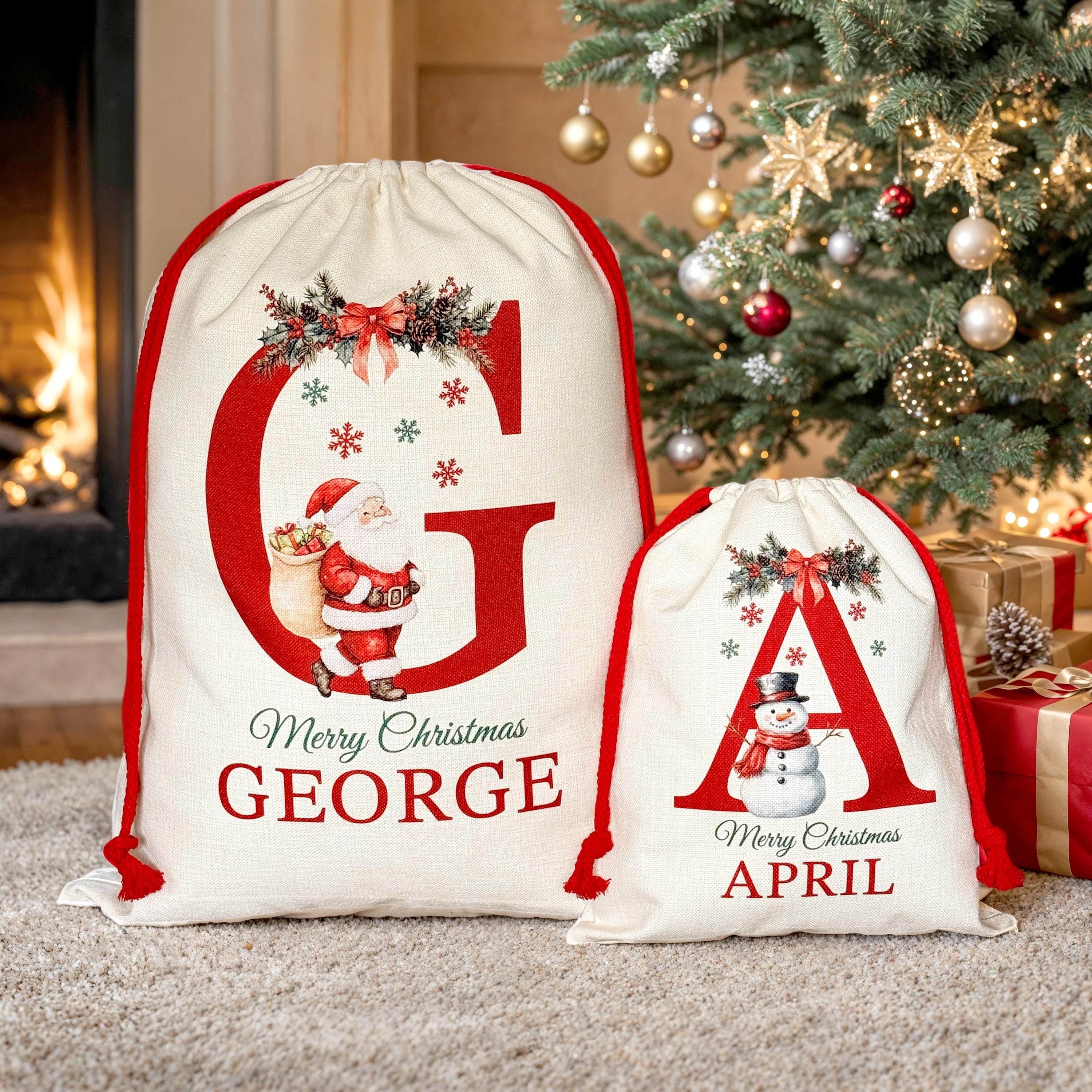 Personalized Christmas Santa Sack, Custom Canvas Personalized Christmas Present Gift Bag for Him Her Kids Adults, Add Name Initial Xmas Stocking