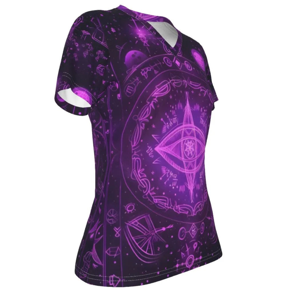 Mystical Fantasy V-Neck T-Shirt, Women’s Purple Spell Circle Tee with Enchanted Symbols & Magical Aesthetic, Women's Fit, V-neck Shirt, Shortsleeve