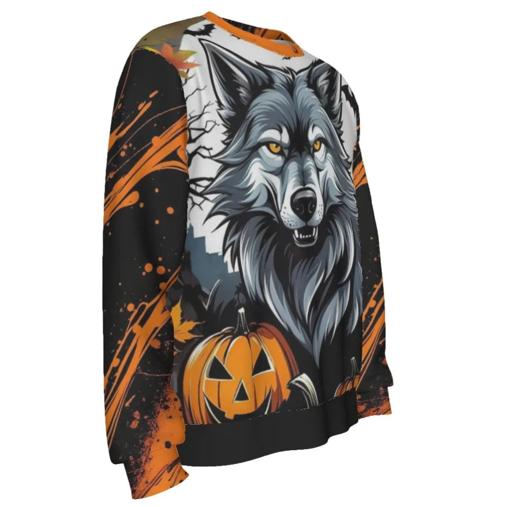 Howling Halloween Costumes Night Wolf Sweater, Spooky Pumpkin Bat Couples Halloween Costumes, Gothic Halloween Pullover