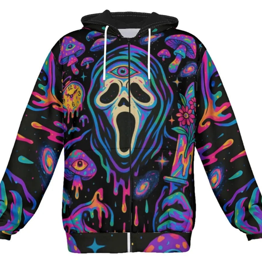 Psychedelic Halloween Mushrooms Zip Hoodie, Neon Trippy Mushroom Jacket, Spooky Halloween Outerwear, Horror Streetwear