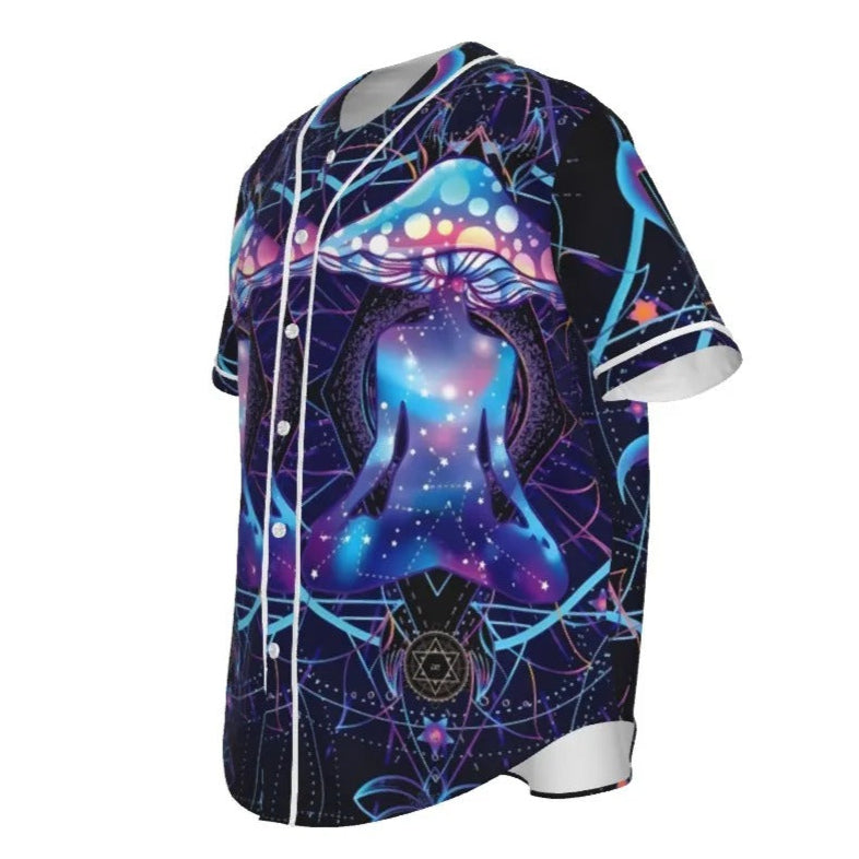 Mystic Mushroom Awakening Baseball Shirt, Psychedelic Spiritual Jersey, Cosmic Mushroom Raglan Top, Visionary Art Festival Wear, Boho Mystic Style