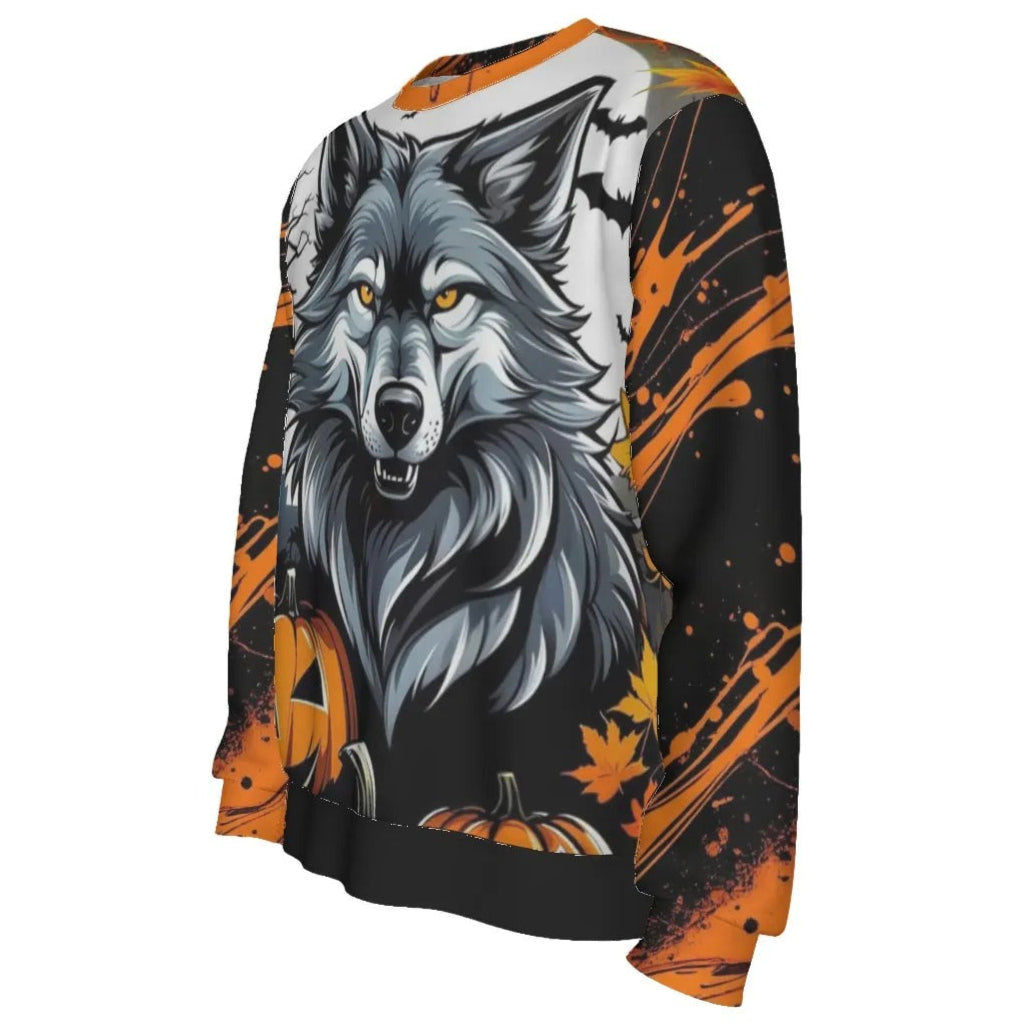 Howling Halloween Costumes Night Wolf Sweater, Spooky Pumpkin Bat Couples Halloween Costumes, Gothic Halloween Pullover