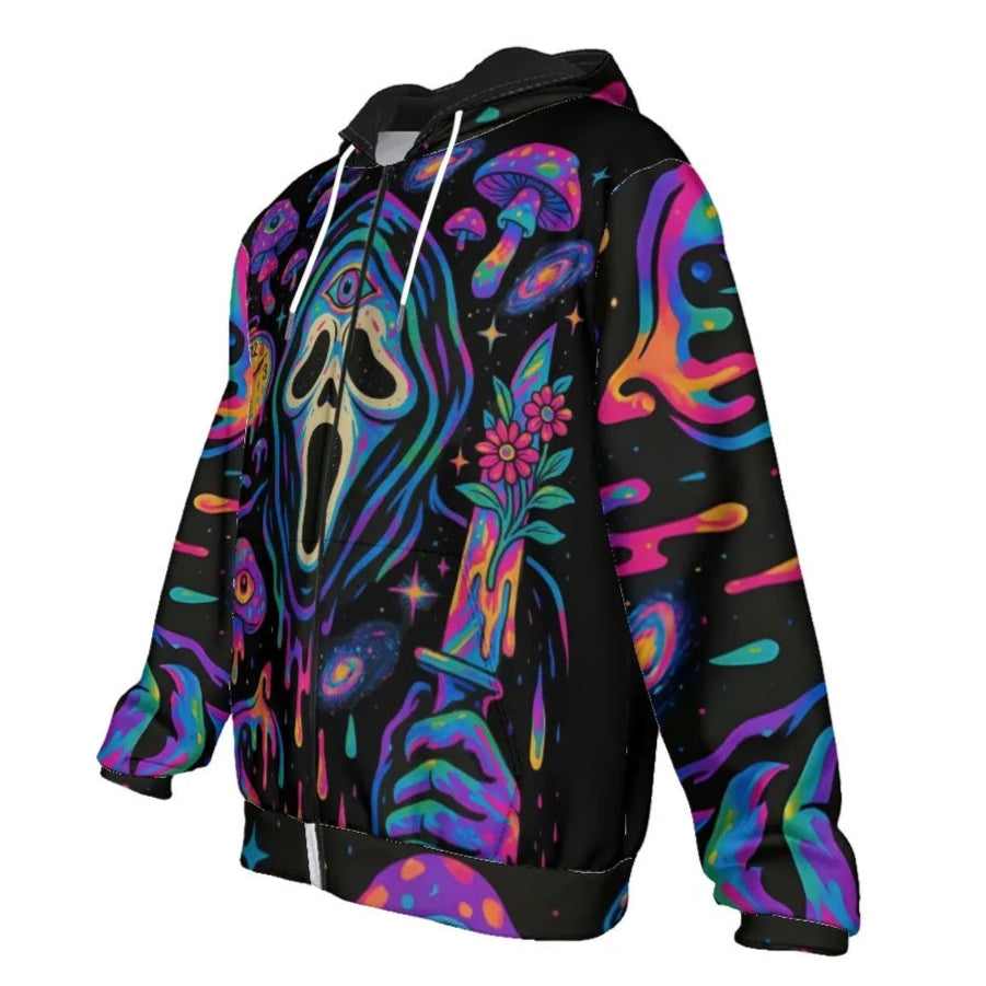 Psychedelic Halloween Mushrooms Zip Hoodie, Neon Trippy Mushroom Jacket, Spooky Halloween Outerwear, Horror Streetwear