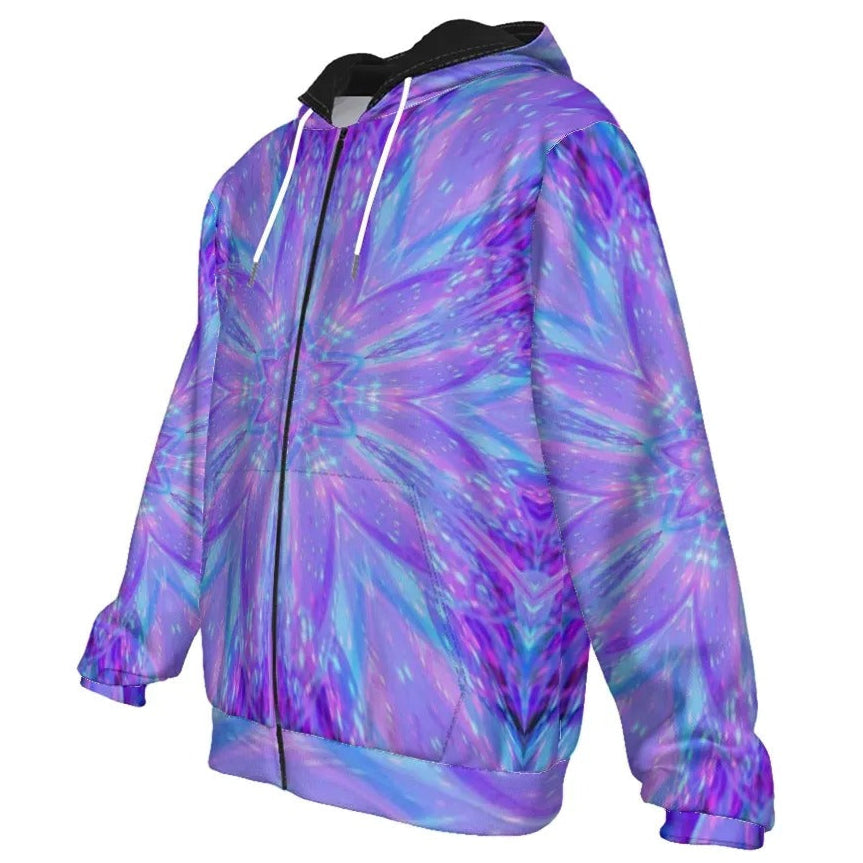 Kaleio Galaxy Zip Hoodie, Trippy Psychedelic Full-Zip Sweatshirt, Holographic Mandala Jacket, Cosmic Festival Streetwear