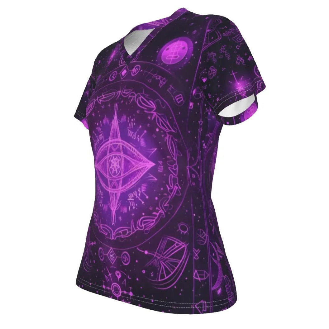 Mystical Fantasy V-Neck T-Shirt, Women’s Purple Spell Circle Tee with Enchanted Symbols & Magical Aesthetic, Women's Fit, V-neck Shirt, Shortsleeve
