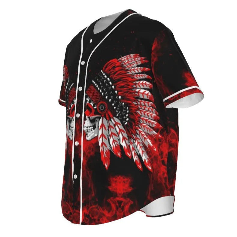 Native American Skull Baseball Shirt, Red Feather Headdress Jersey, Tribal Gothic Sportswear, Red Smoke Graphic Top, Warrior Biker Style
