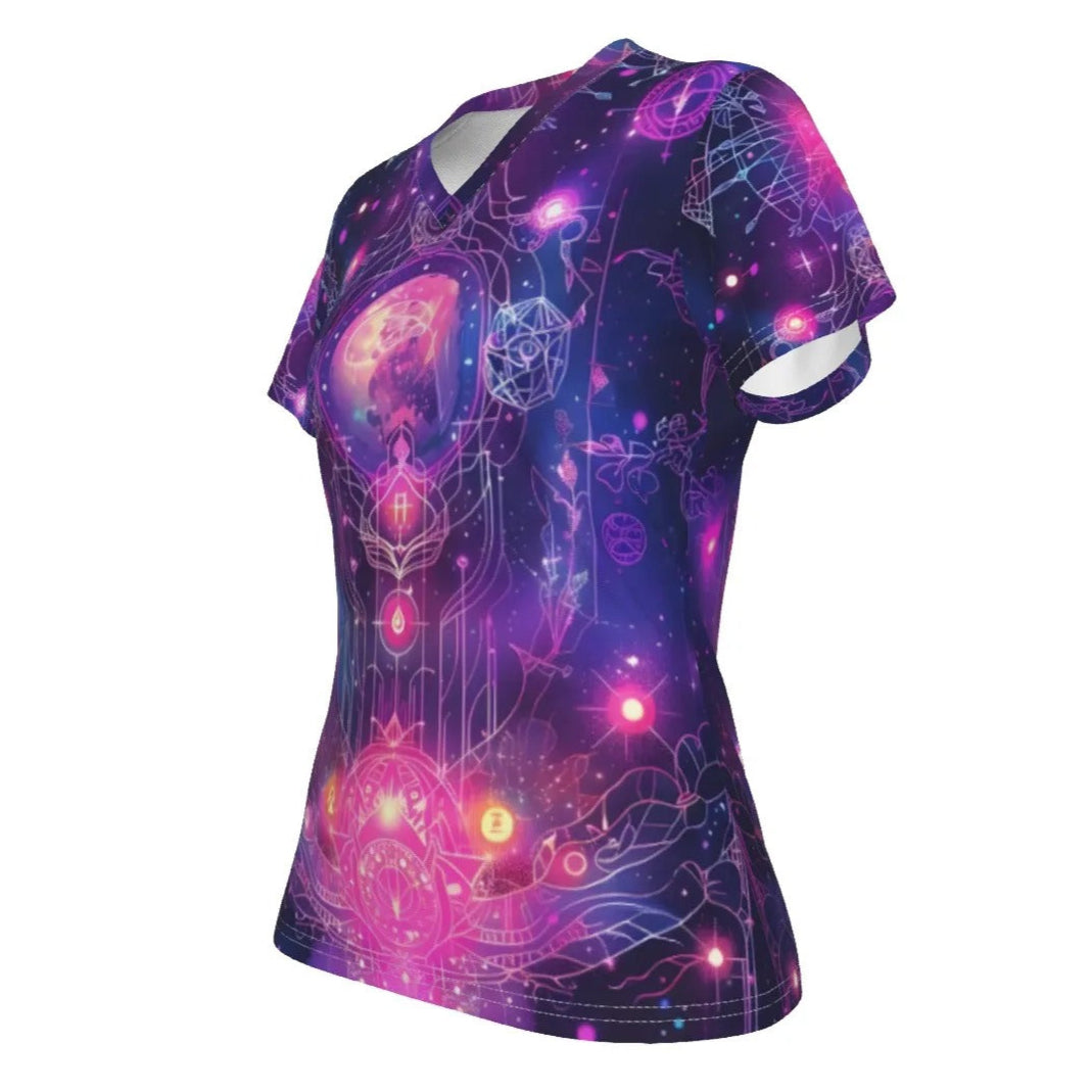 Mystical Cosmic V-Neck T-Shirt, Women’s Galaxy Symbol Shirt with Sacred Geometry Art, Women's Fit, V-neck Shirt, Shortsleeve