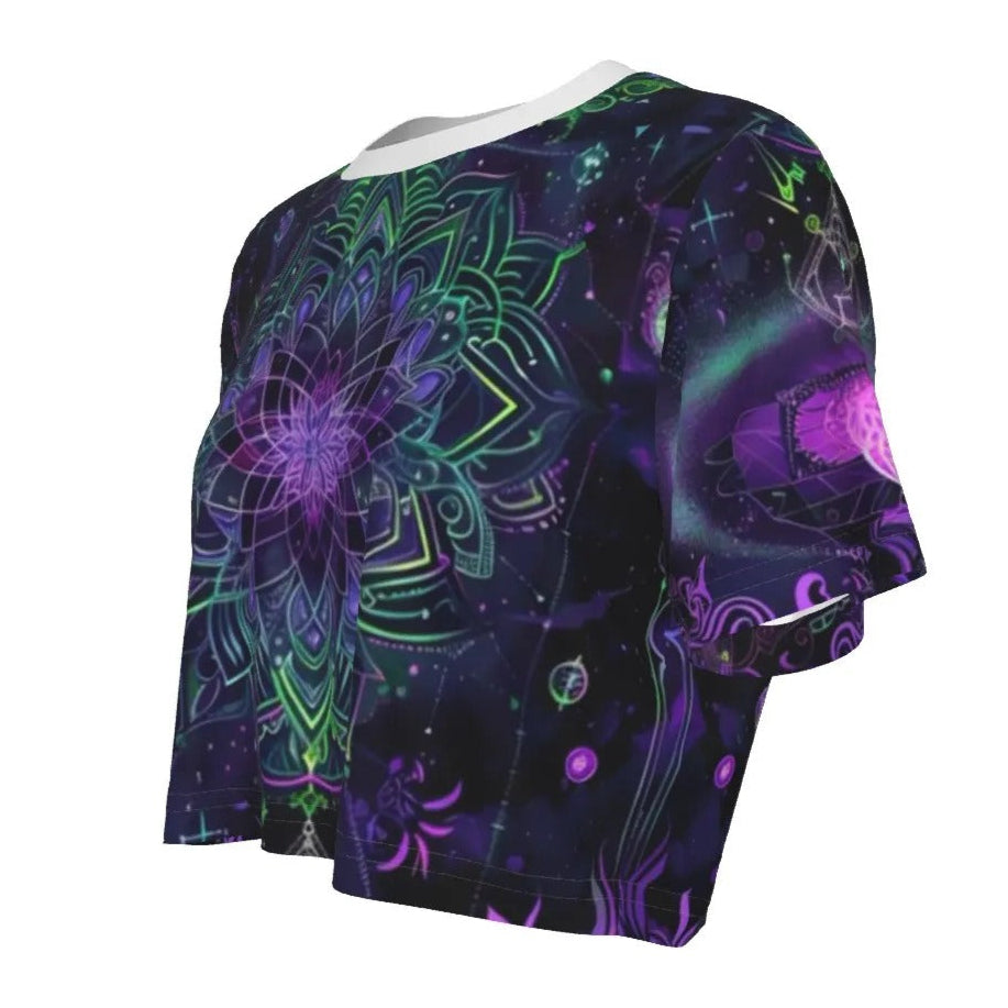 Women’s Mystic Aesthetic Crop Top, Psychedelic Print, Festival Outfit, Boho Style, Vibrant Colors, Yoga Top, Summer Fashion