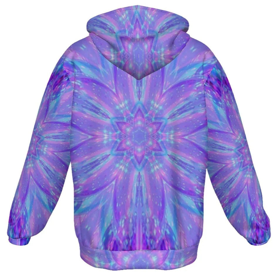 Kaleio Galaxy Zip Hoodie, Trippy Psychedelic Full-Zip Sweatshirt, Holographic Mandala Jacket, Cosmic Festival Streetwear