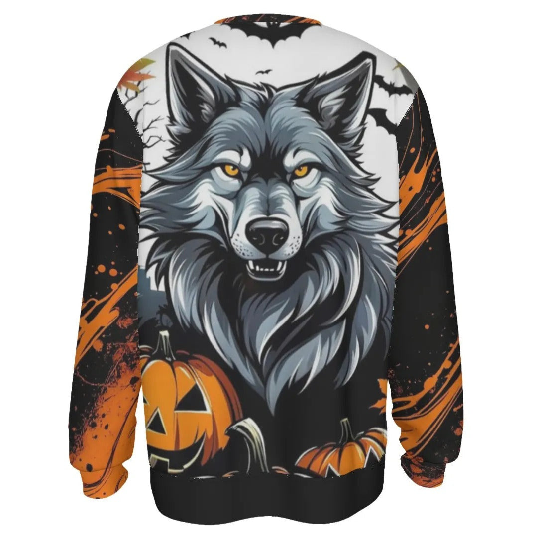Howling Halloween Costumes Night Wolf Sweater, Spooky Pumpkin Bat Couples Halloween Costumes, Gothic Halloween Pullover