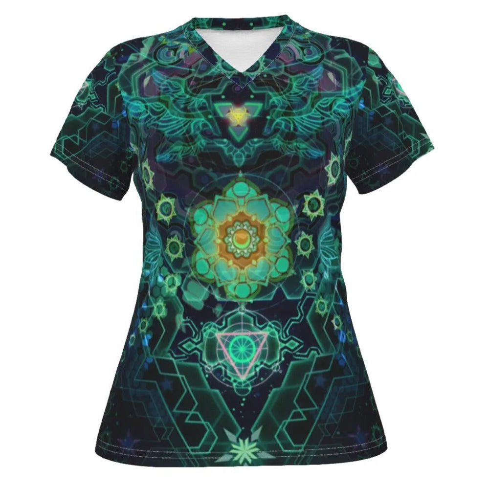 Yantric Geometry V-Neck T-Shirt, Women’s Tee with Spiritual Energy Pattern and Meditation Vibes, Women's Fit, V-neck Shirt, Shortsleeve