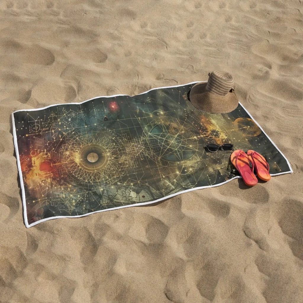 Celestial Alchemy Beach Towel, Sacred Geometry Sun Moon Tapestry Towel, Mystical Spiritual Bath Towel, Festival Gift for Him or Her