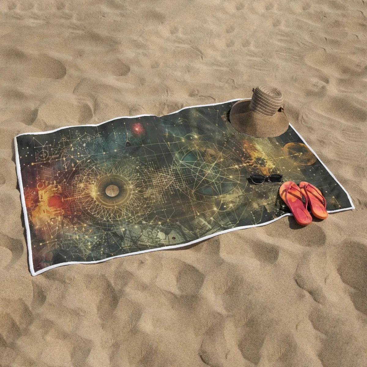 Celestial Alchemy Beach Towel, Sacred Geometry Sun Moon Tapestry Towel, Mystical Spiritual Bath Towel, Festival Gift for Him or Her
