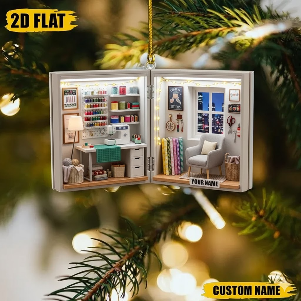 Personalized Sewing Room Ornament, Custom Name Flat 2D Christmas Decoration, Gift for Seamstress and Crafter