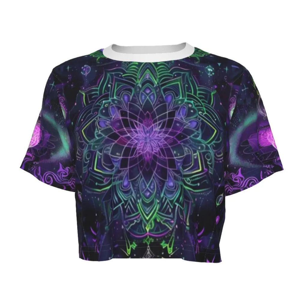 Women’s Mystic Aesthetic Crop Top, Psychedelic Print, Festival Outfit, Boho Style, Vibrant Colors, Yoga Top, Summer Fashion