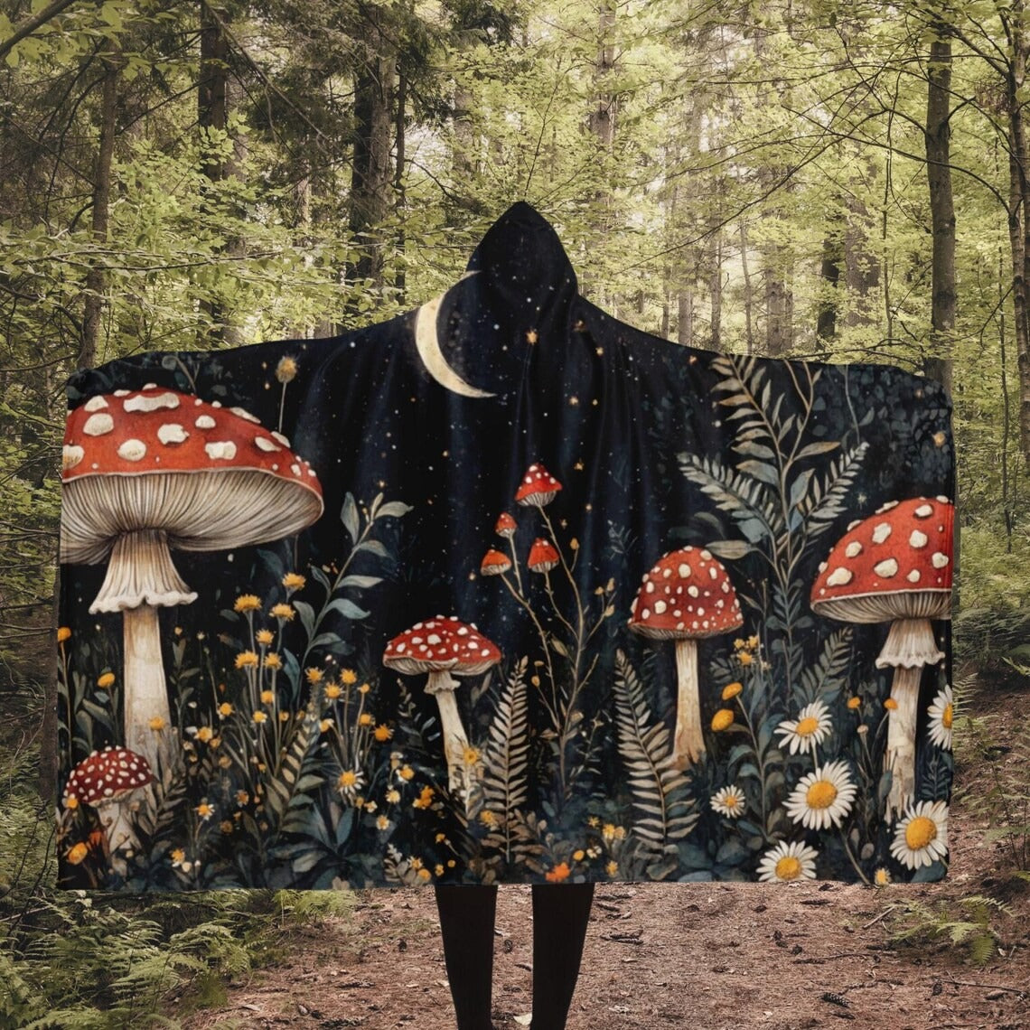 Mushroom Hooded Blanket, Enchanted Forest Fungi Design, Cozy and Soft Throw Blanket, Perfect Gift for Nature and Fantasy Lovers. BLKAC62