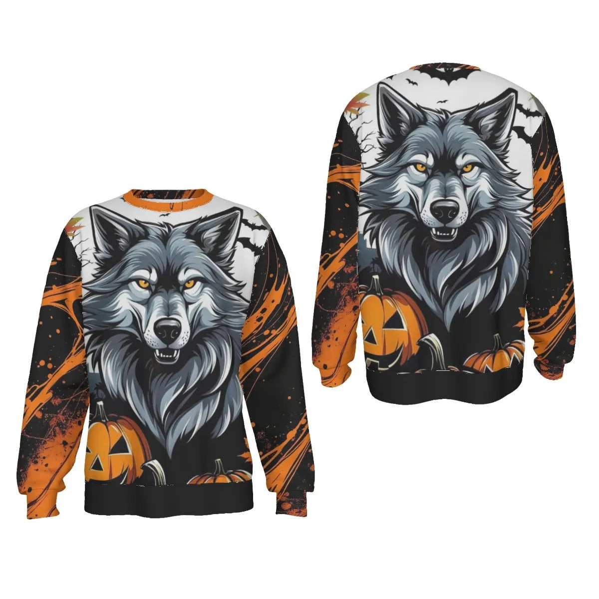 Howling Halloween Costumes Night Wolf Sweater, Spooky Pumpkin Bat Couples Halloween Costumes, Gothic Halloween Pullover