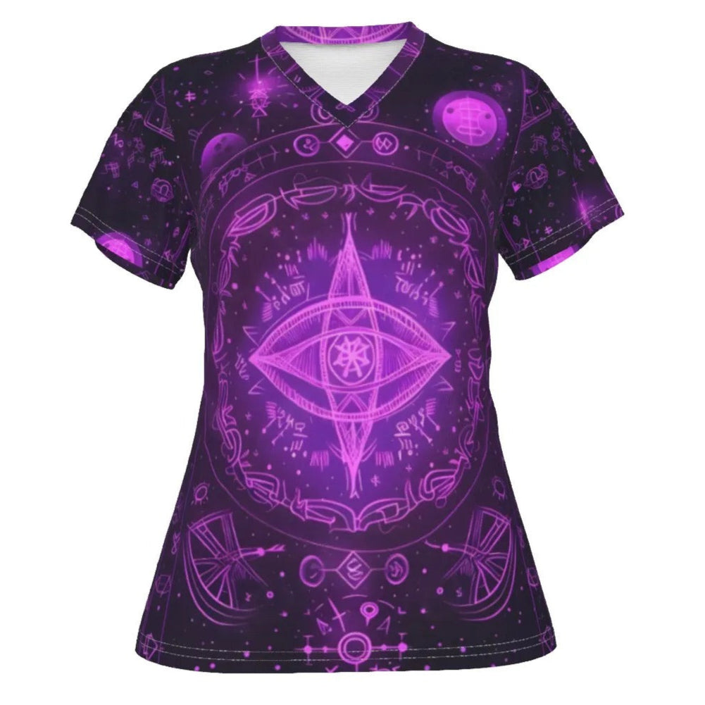 Mystical Fantasy V-Neck T-Shirt, Women’s Purple Spell Circle Tee with Enchanted Symbols & Magical Aesthetic, Women's Fit, V-neck Shirt, Shortsleeve