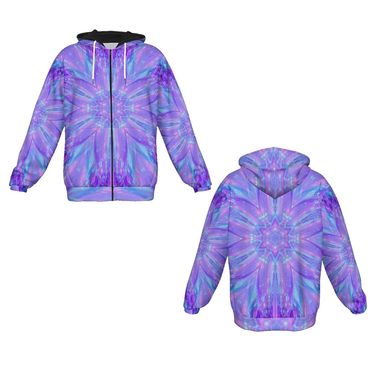 Kaleio Galaxy Zip Hoodie, Trippy Psychedelic Full-Zip Sweatshirt, Holographic Mandala Jacket, Cosmic Festival Streetwear