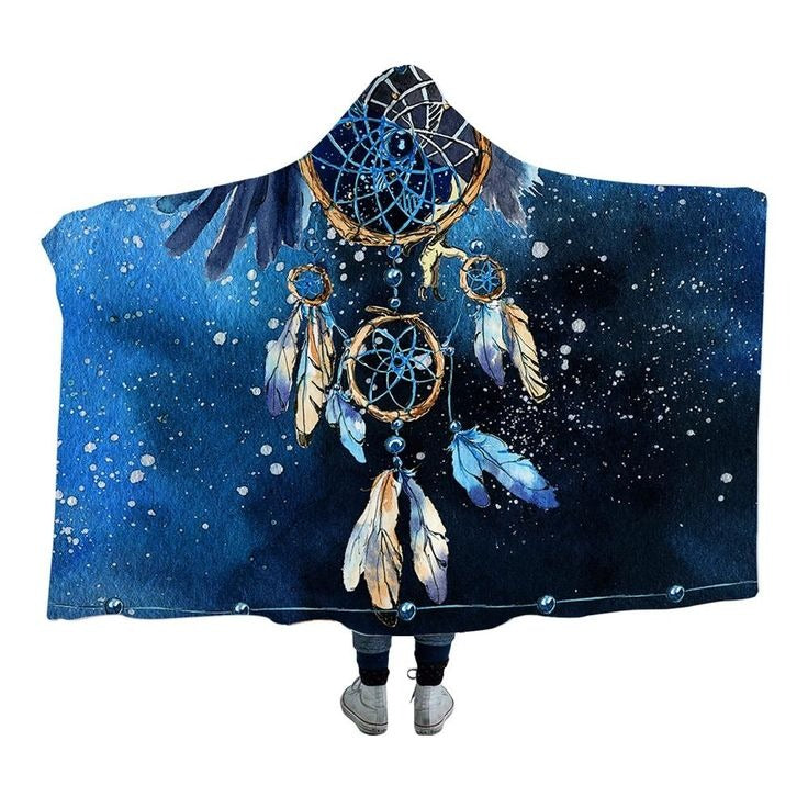 Native American Hooded Blanket, Dreamcatcher and Feather Design, Starry Night Sky Theme, Warm Cozy Indigenous Style Throw, Perfect Gift for Home and Outdoors. BLKAC50