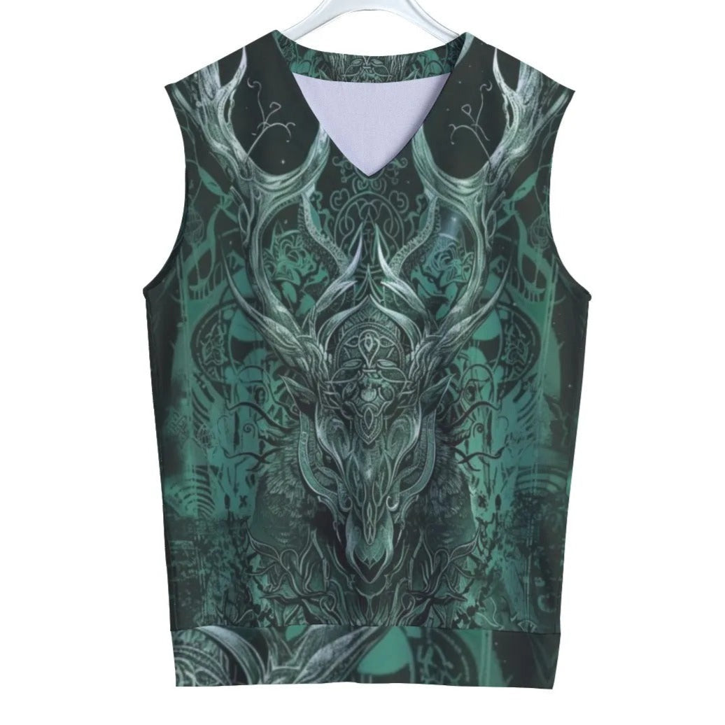 Viking Tank Top with Antler Design, Norse Mythology Inspired Sleeveless Shirt, Tribal Graphic Festival Wear, Medieval Fantasy Clothing