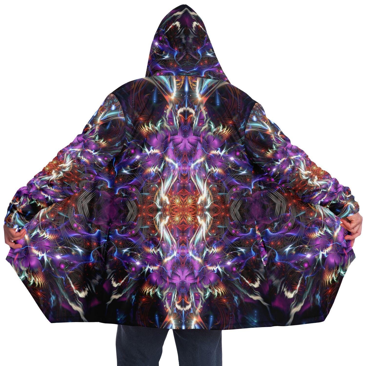 Fractal Vortex Mandala HOODED CLOAK, Psychedelic Festival Hoodie, Vibrant Rave Jacket, Trippy Festival Coat, Wizard Robe, Burning Man