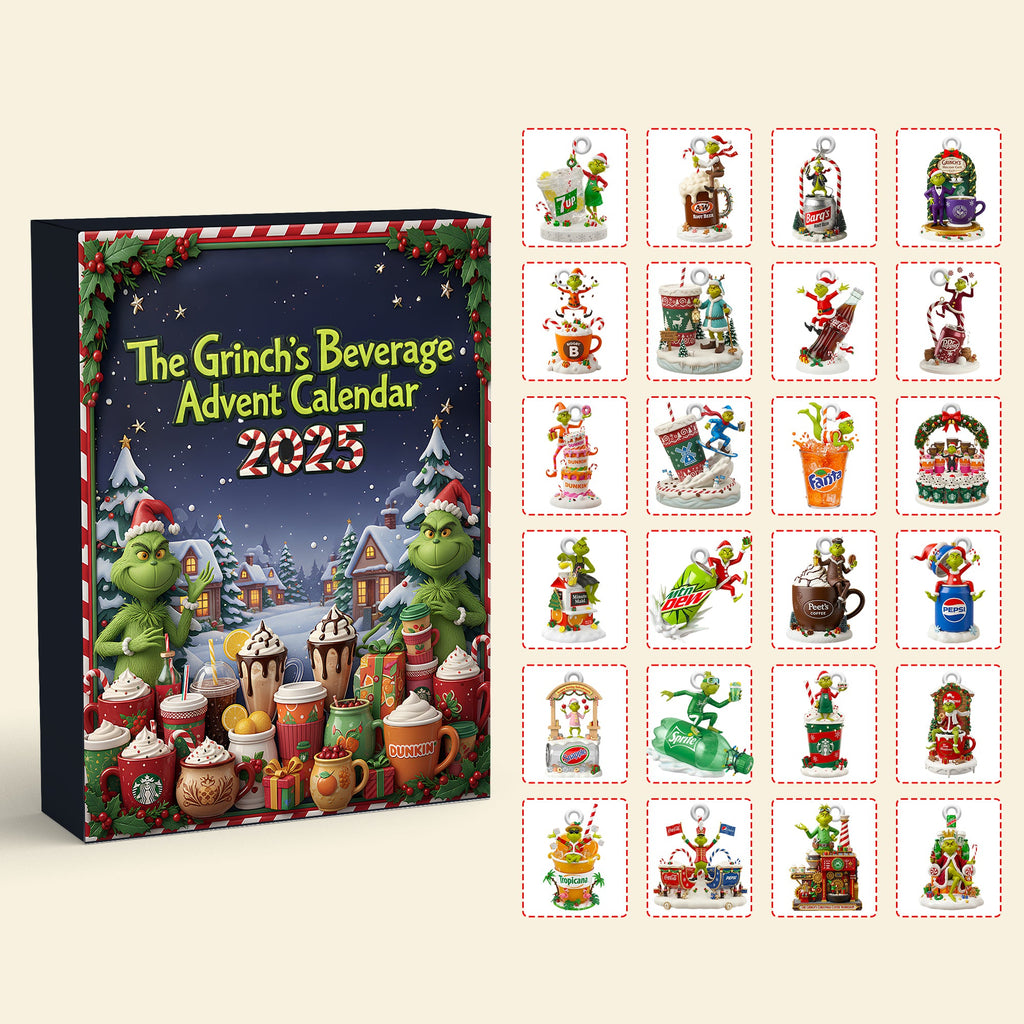 Grinch Beverage Advent Calendar 2025, Holiday Drink Ornament Set, Cute Christmas Countdown Box, Cocoa & Soda Theme Gifts