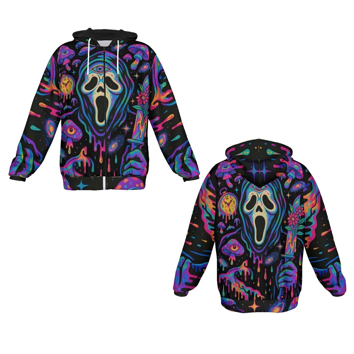 Psychedelic Halloween Mushrooms Zip Hoodie, Neon Trippy Mushroom Jacket, Spooky Halloween Outerwear, Horror Streetwear