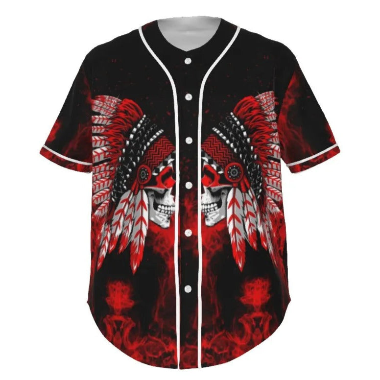 Native American Skull Baseball Shirt, Red Feather Headdress Jersey, Tribal Gothic Sportswear, Red Smoke Graphic Top, Warrior Biker Style