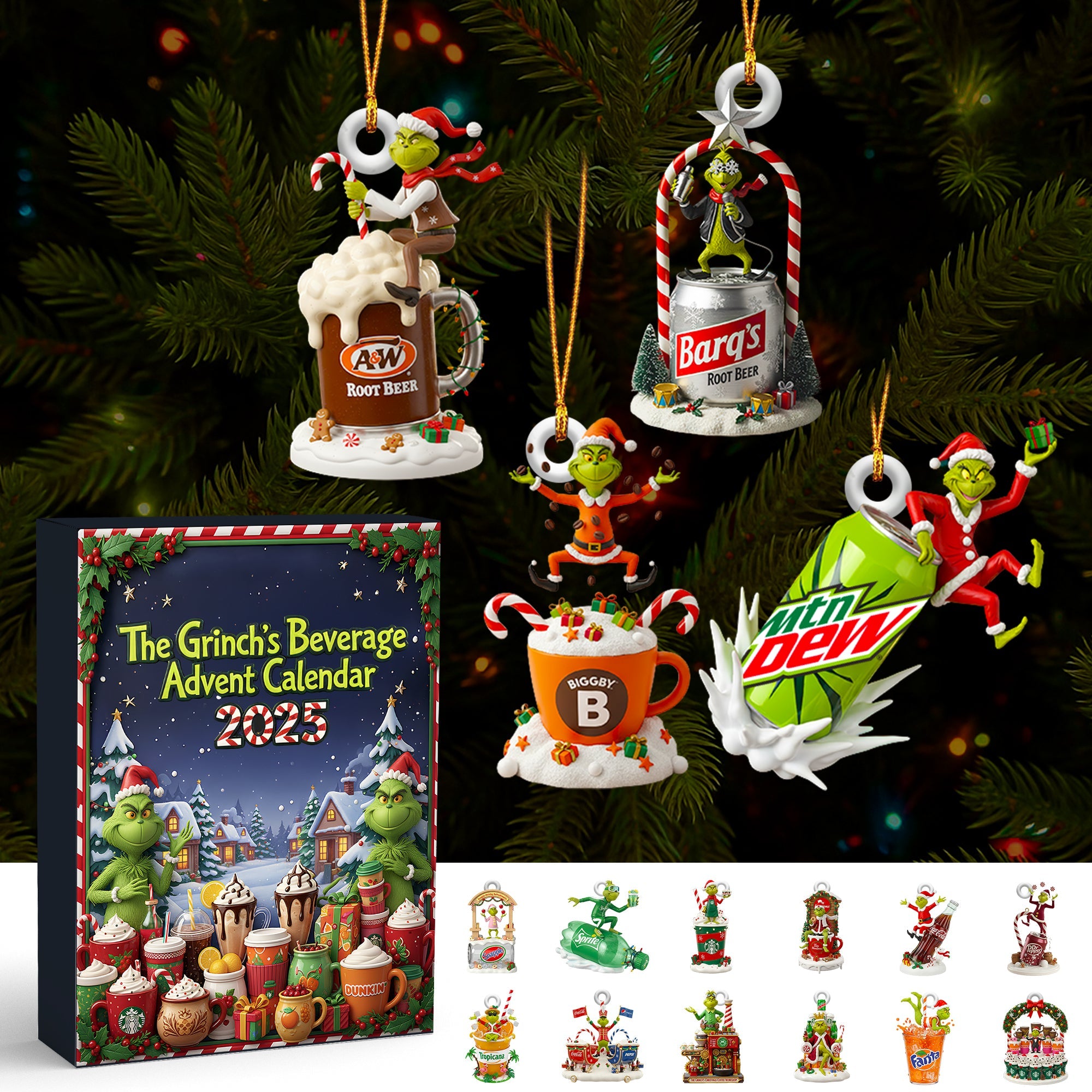 Grinch Beverage Advent Calendar 2025, Holiday Drink Ornament Set, Cute Christmas Countdown Box, Cocoa & Soda Theme Gifts