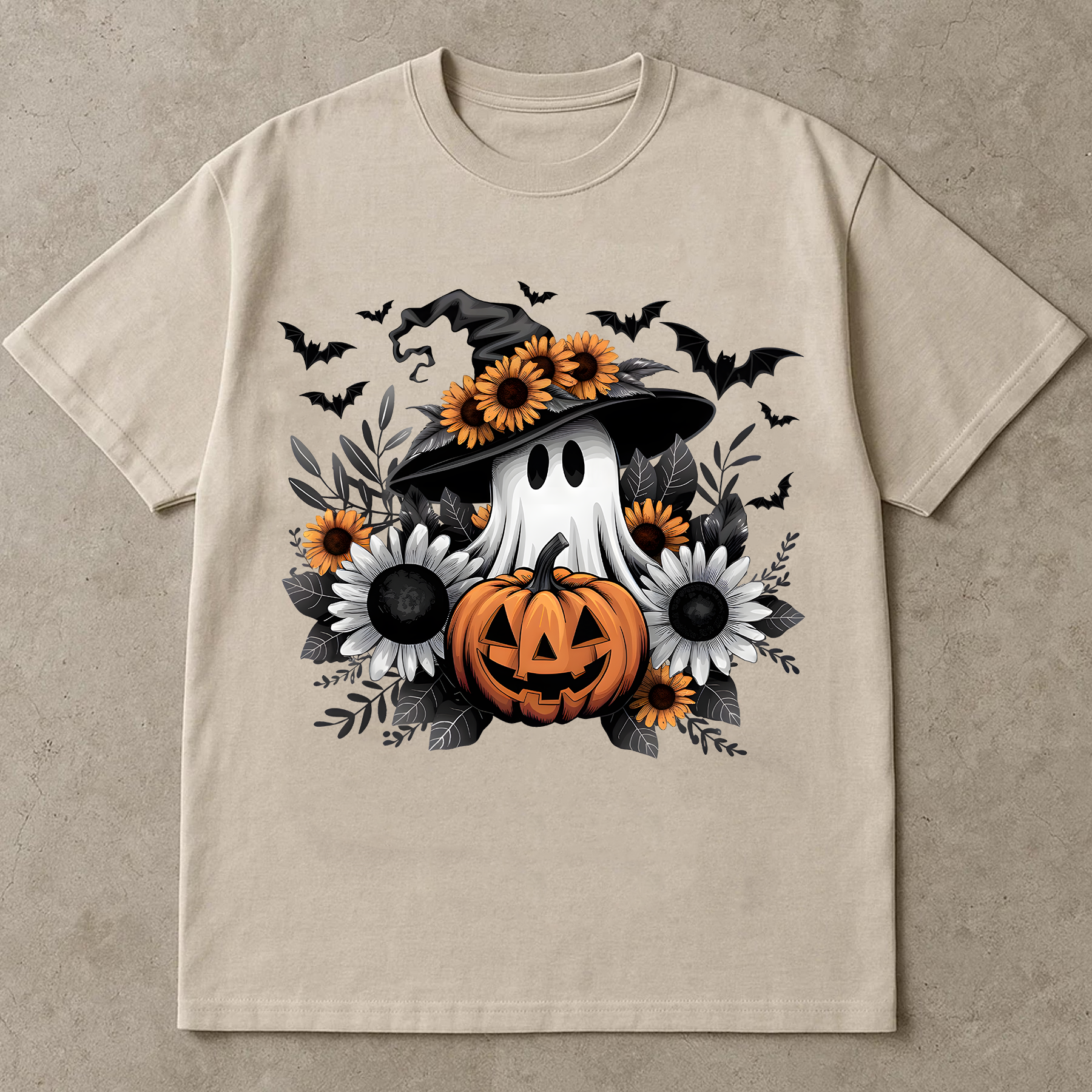 Halloween Ghost T - Shirts, Witch Hat Ghost with Pumpkin and Sunflowers, Cute Halloween Sublimation Design, Fall Autumn T-shirt, Halloween Clipart